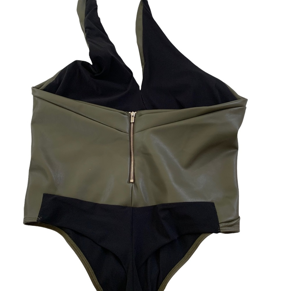 Alix NYC Faux Leather Bodysuit Halter Thong Olive Green L 8/10 NWT - Picture 7 of 12